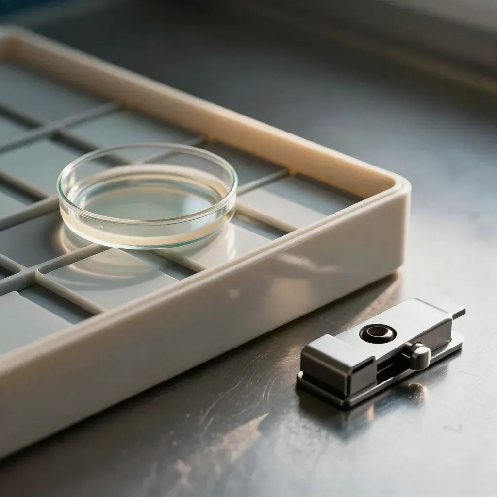Half-open slide box, petri dish, and lab clamp on brushed metal in dramatic side light