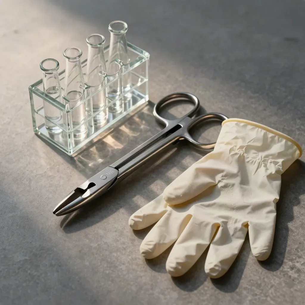 Surgical forceps, vial rack, and folded lab gloves on stone in a premium macro still life.