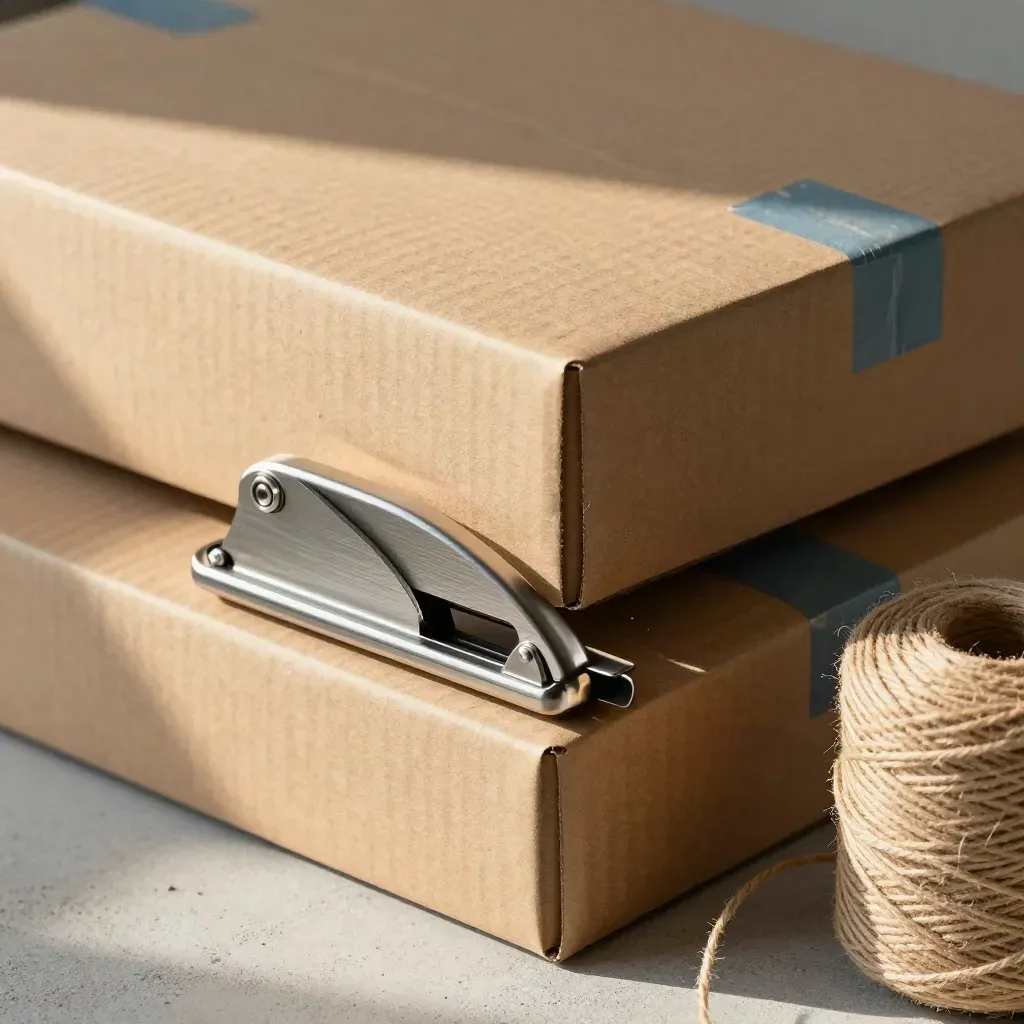 Kraft cartons, blade cutter and twine on pale concrete in soft directional light.