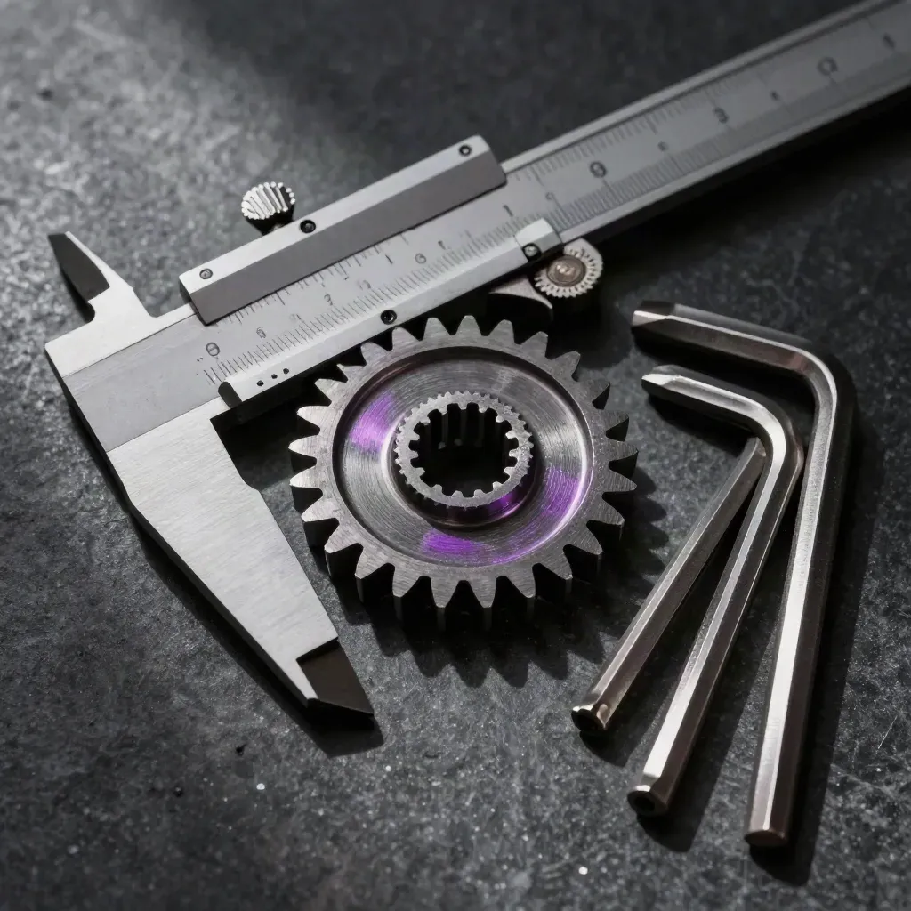 Overhead macro of a steel gear, caliper jaws, and hex keys on dark stone with plum-purple accent.