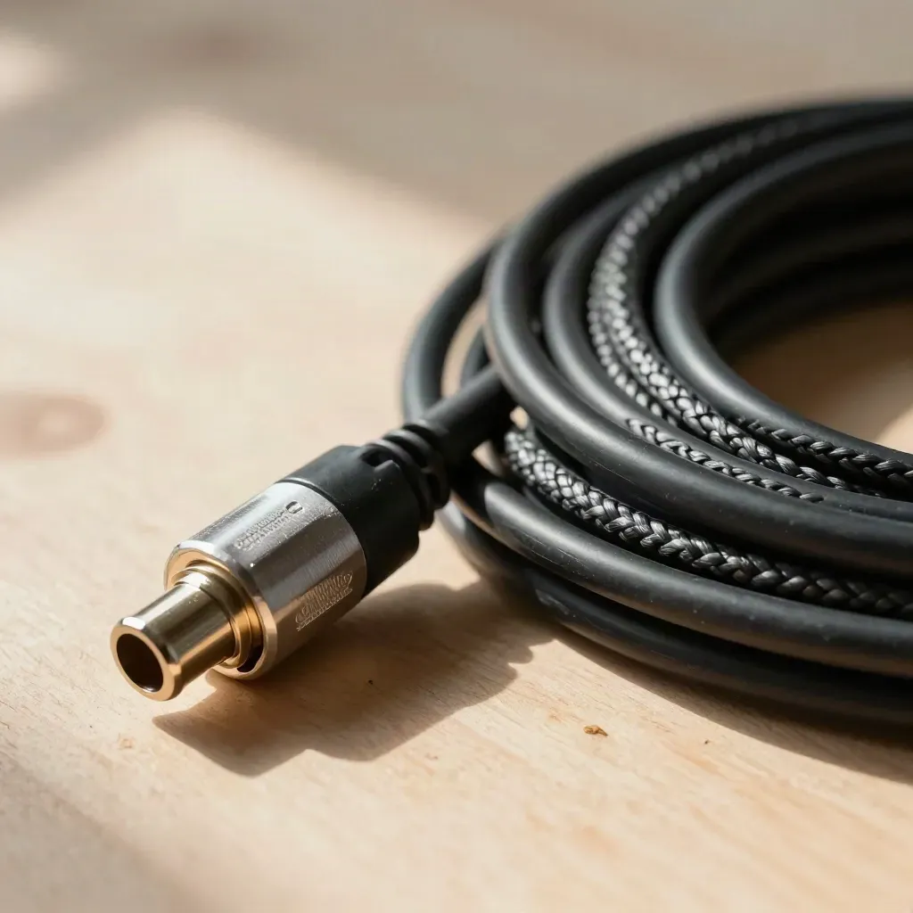 Macro still life of audio cable, clamp and connector block on pale wood, warm light