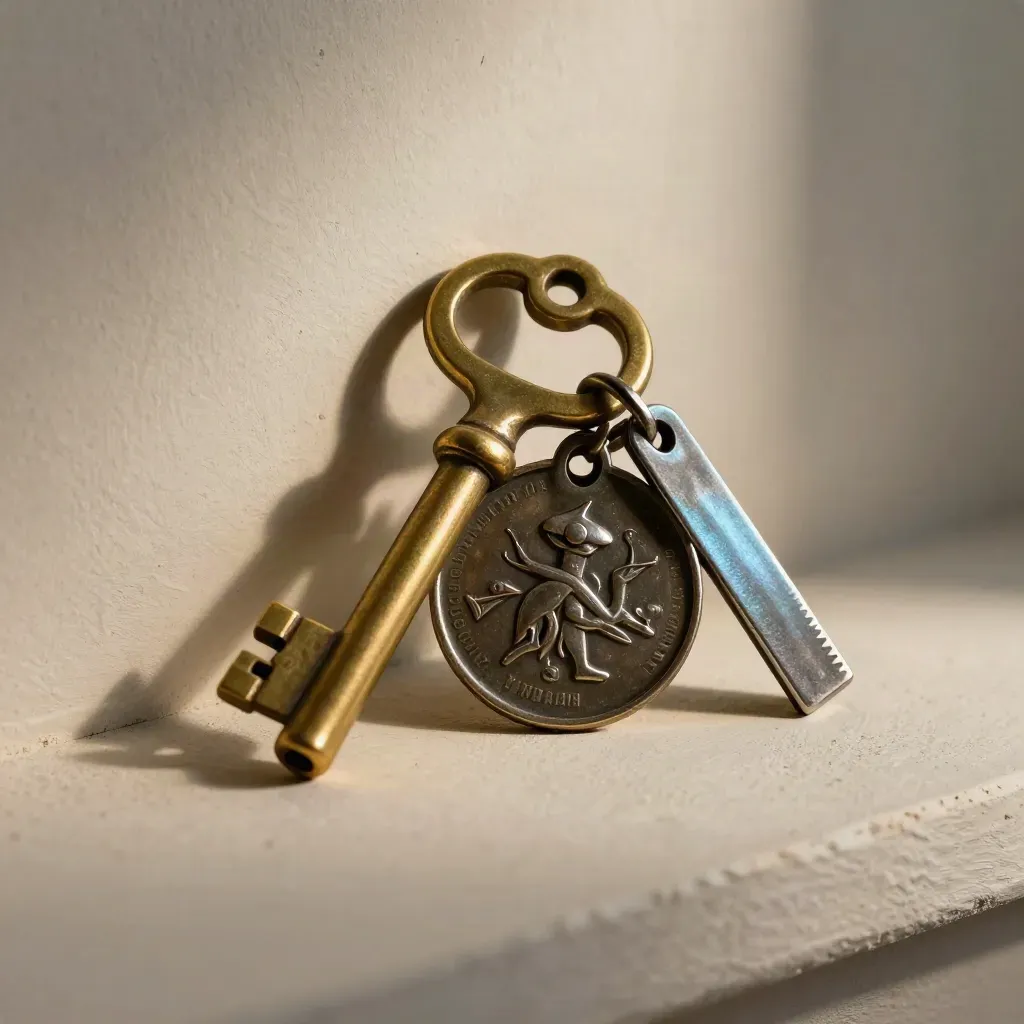 Brass vault key, stamped metal token, and ledger weight on warm plaster with cool blue glint