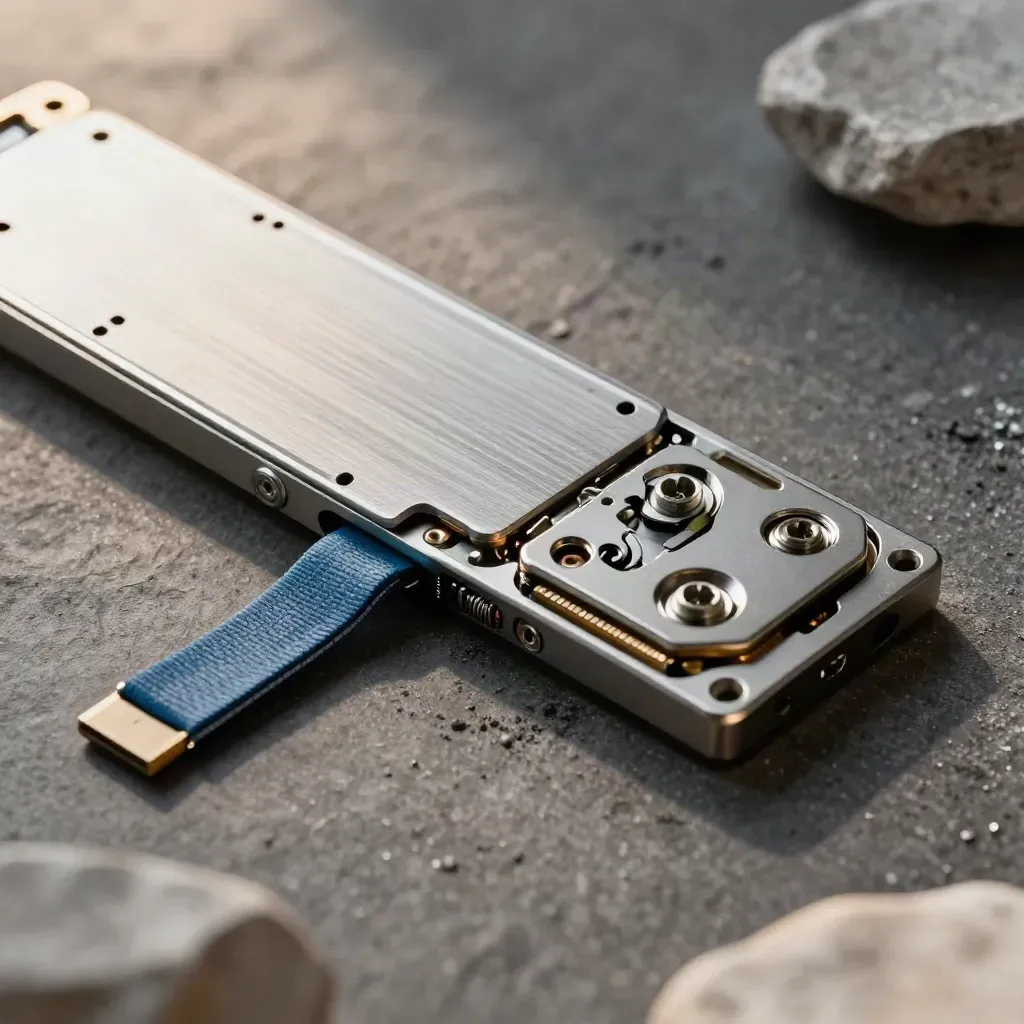 Macro of an NVMe drive sled, screws and blue patch lead on graphite stone.