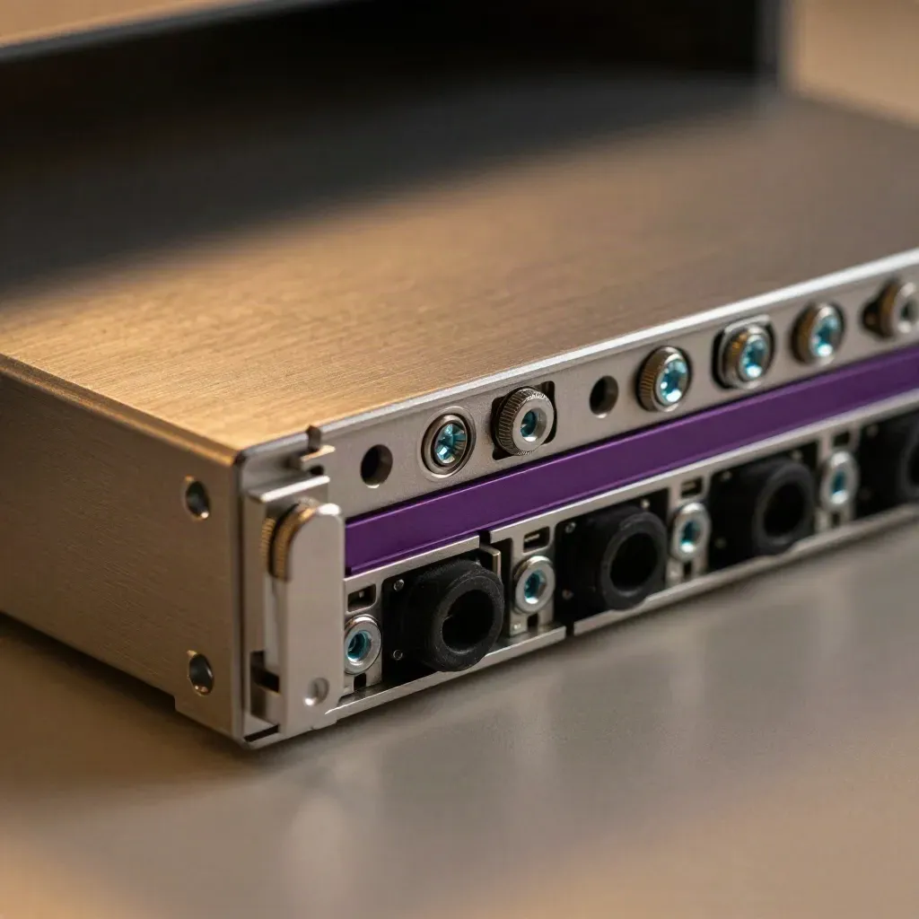 Server rail bracket and aluminium drive chassis lined up on brushed steel with purple accents