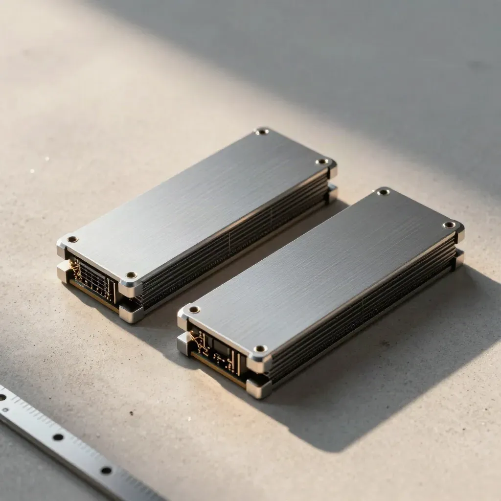 Overhead macro of two server compute blades and spacer blocks on pale concrete with silver filings.