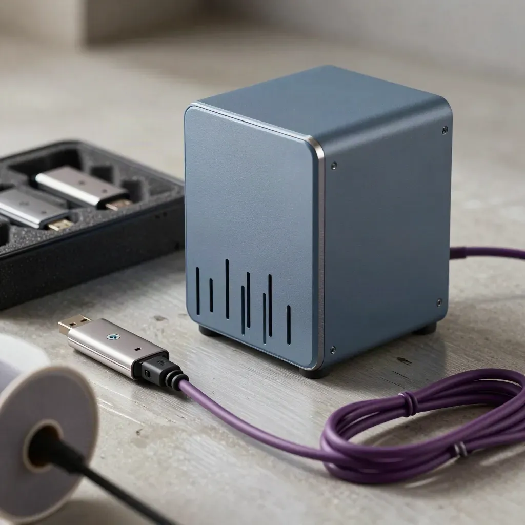 Portable NAS cube, USB drives, and patch cable on brushed aluminium, seen through blurred cable spool.