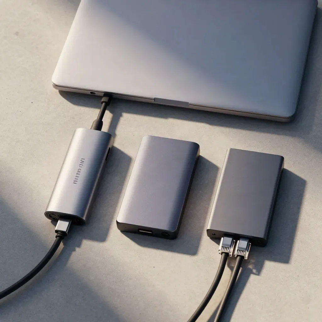 Overhead flatlay of a laptop, USB-C hub, SSD and router on pale concrete with an ethernet cable.