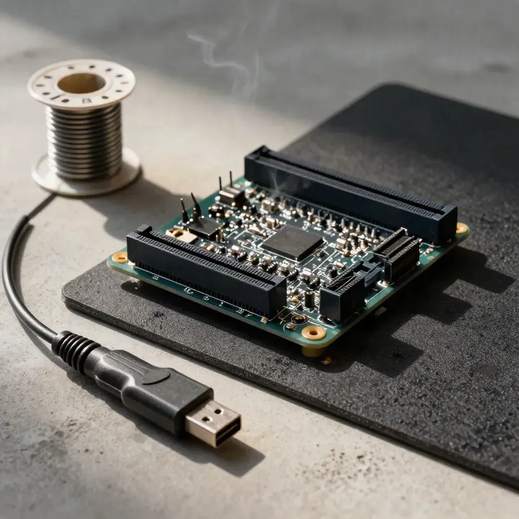 Microcontroller board, solder spool, anti-static mat and debug probe on pale concrete