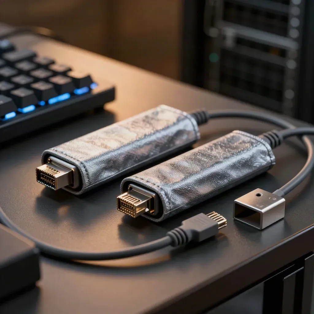 SSD sleeves, coiled Ethernet cable and rack ear on a dark bench with warm light.