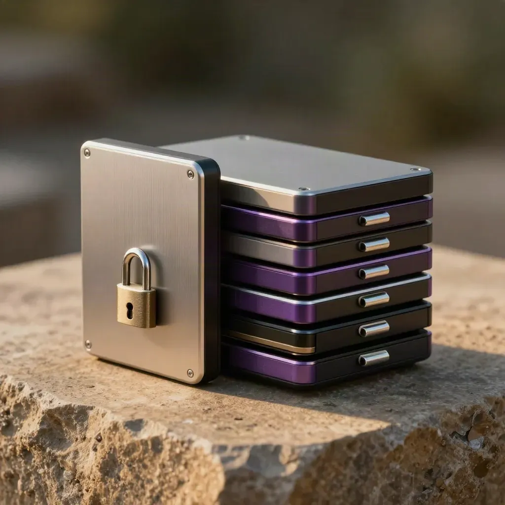 Backup drive, keyed lock and nested drive caddies on stone in a macro still life.