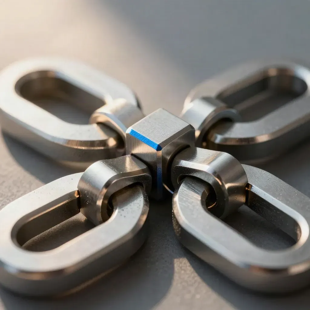 Interlocking metal links and spacer blocks on brushed steel, lit in a premium macro still life.