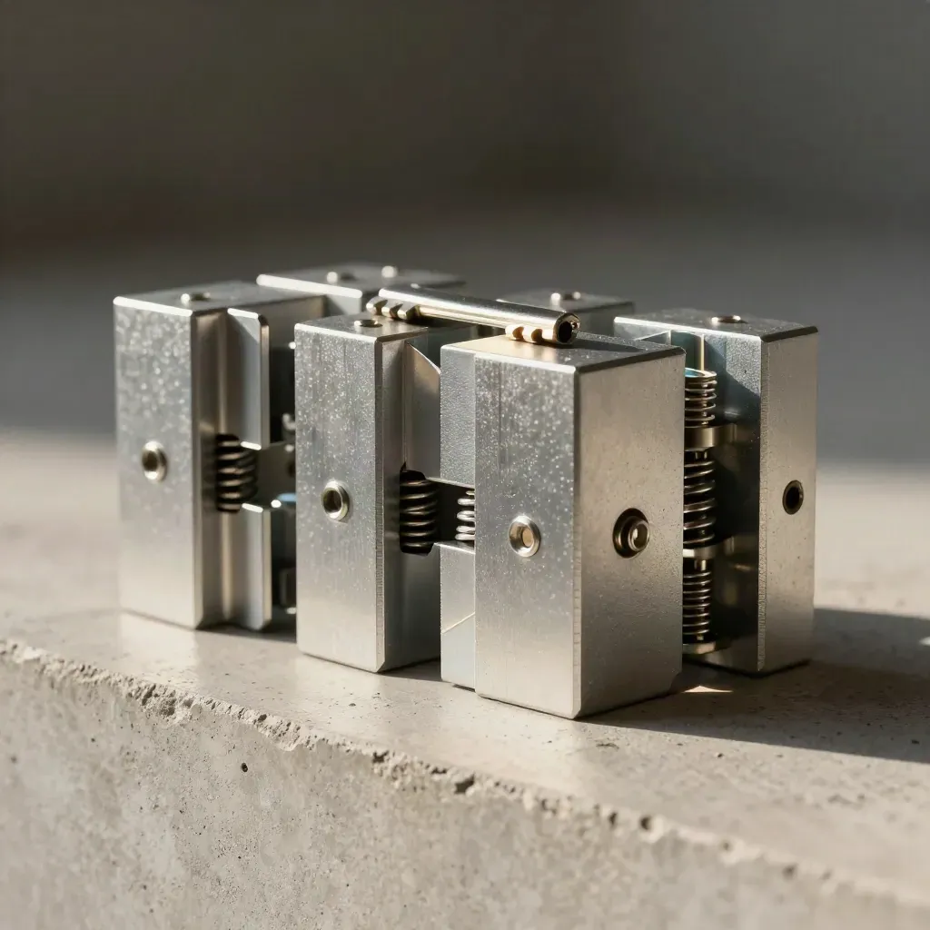 Metal blocks, clips, and pins chained on pale concrete in dramatic studio light