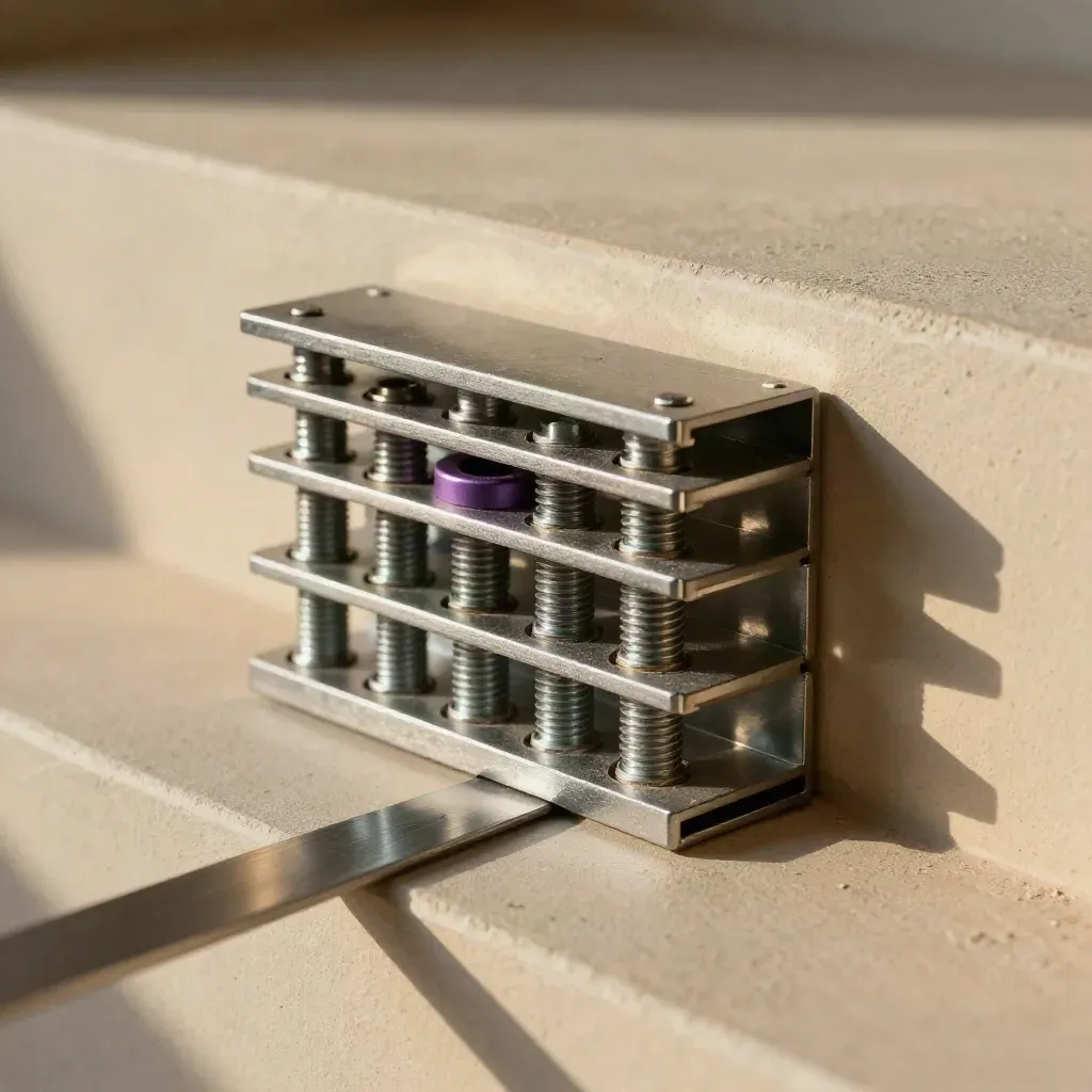 Overhead close-up of rail brackets, corner stops, and threaded fasteners on warm plaster