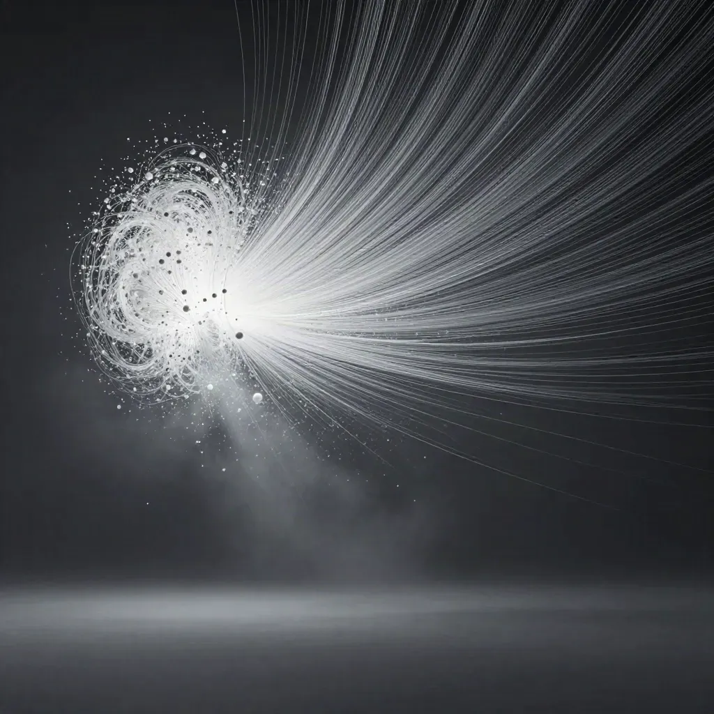 Silver light filaments converge into a soft white bloom in dark graphite haze.