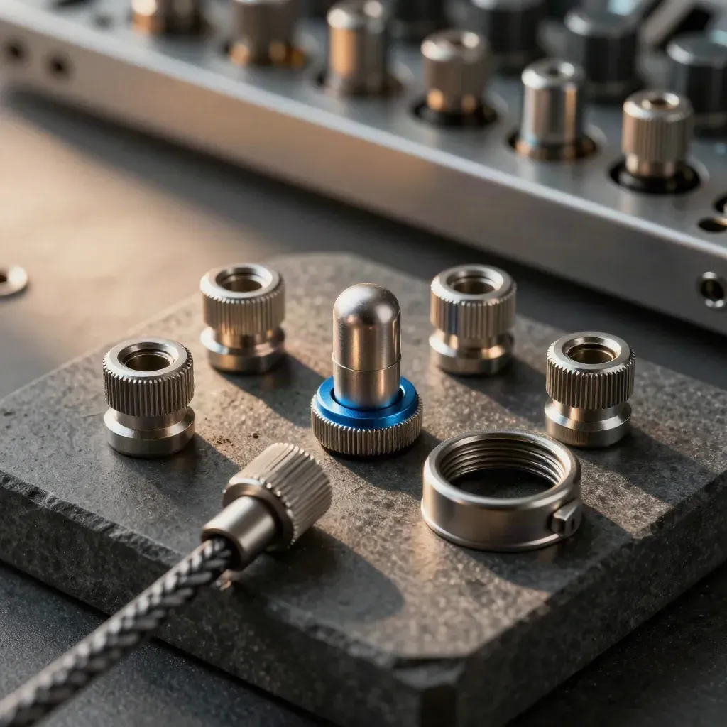 Graphite sensor housings and cable ferrules clustered on stone in warm light